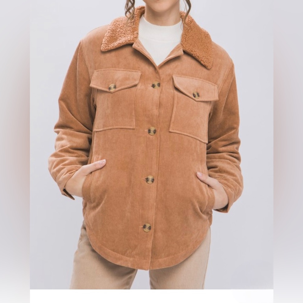 🍂 New Corduroy Jacket Sherpa Collar Pockets Button Front Camel